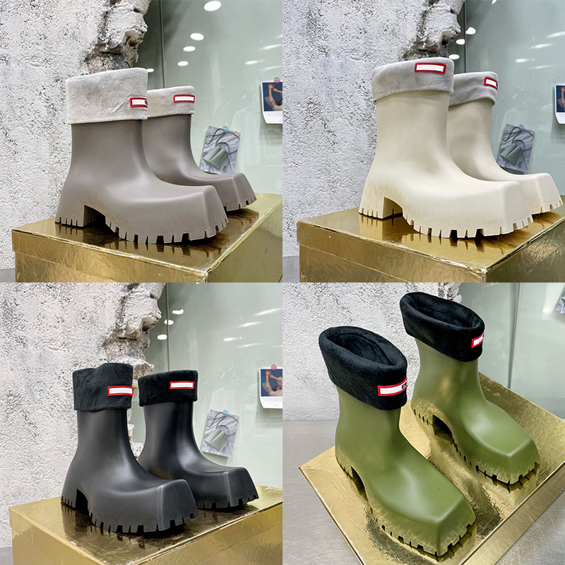 

Designer Women Boots Trooper Square Head Rubber Out Wool Fur Furry Inside Woman Fashion Luxury Rainboot Black White Green Platform Booties Chunky Winter Shoes
