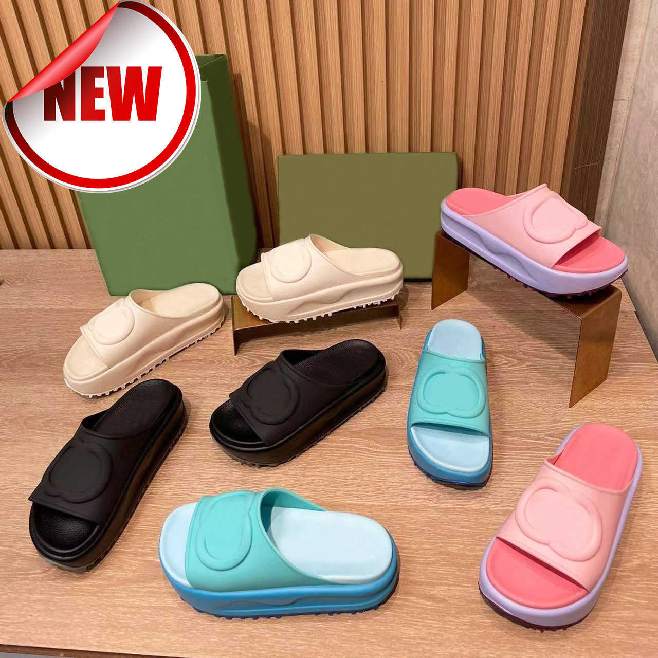 

With box designer slipper Embossed Interlock Platform rubber slide sandals women shoes black pink purple blue ivory runbber luxury sandal, 01 blue rubber