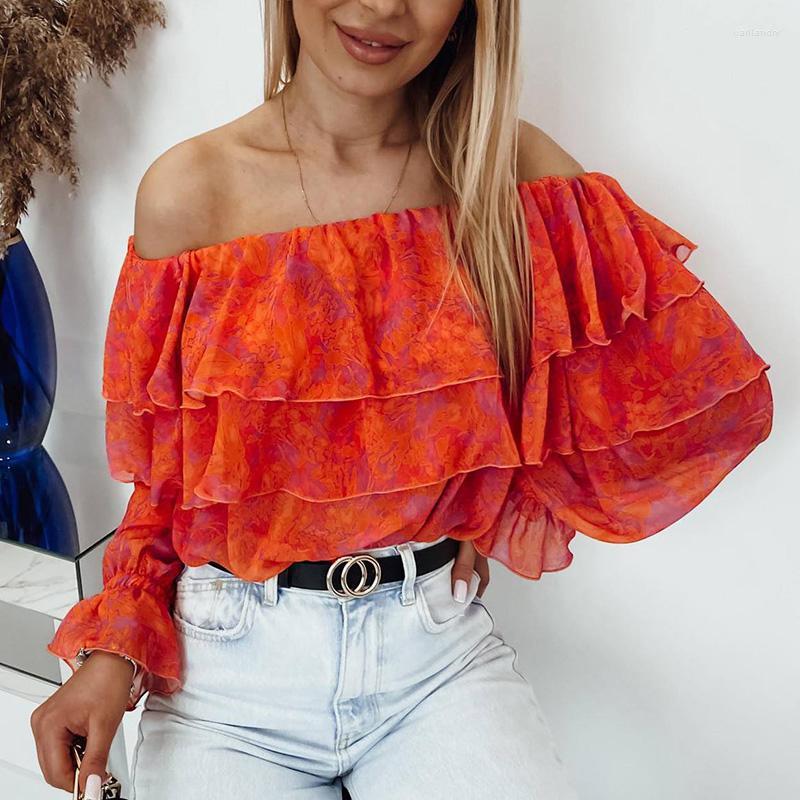 

Women' Blouses Women' & Shirts Autumn Ladies Commute Floral Print Blusas Mujer Sexy Slash Neck Off Shoulder Chiffon Shirt Women, 01 matcha color