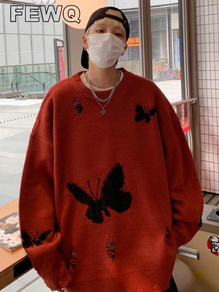 

Men's Sweaters FEWQ Style Casual Male Knitting Pullovers Versatile Round Collar Butterfly Pattern Men's Hole Sweater Autumn 24A932 221128, Black