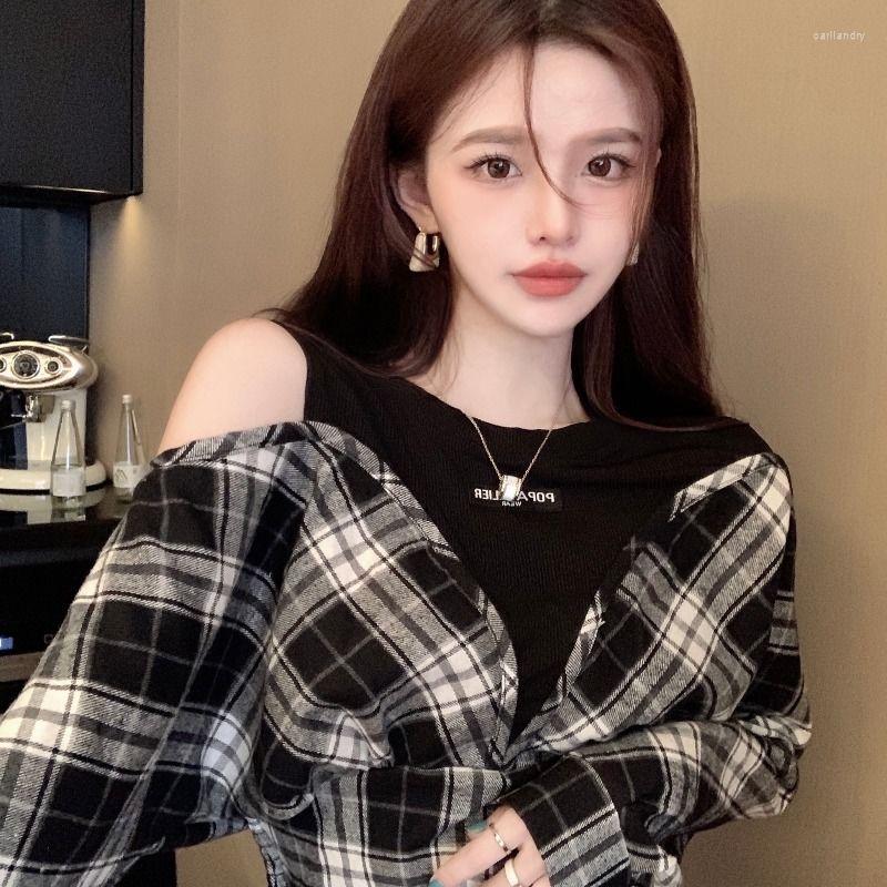 

Women's Blouses Women's & Shirts Spring Autumn Women Spliced Round Collar Long Sleeve Plaid Shirt Fashion Dew Shoulder Short Student, Black