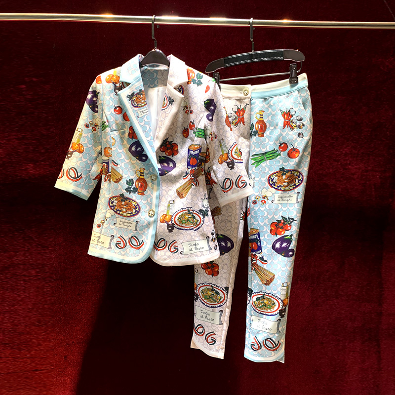 

Two Piece Pants New European and American women's wear for winter 2022 Vegetable print jacket five-cent sleeves Nine minutes of pants suits, Blue