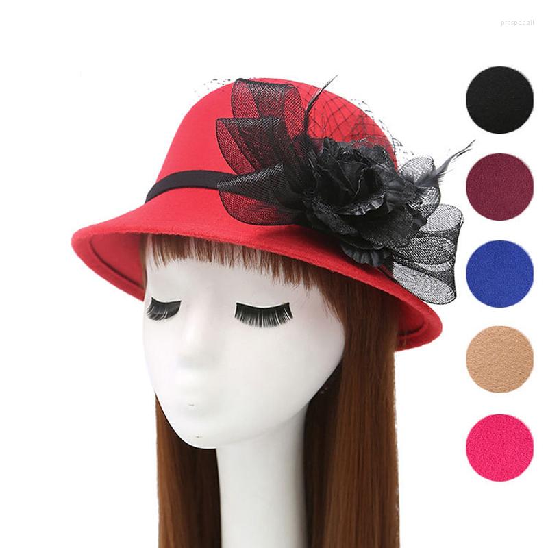 

Berets Autumn Winter Women Wool Felt Fedora Hats Bucket With Aristocracy Gauze Feather Flower Formal Bowler Hat Chapeau, Black