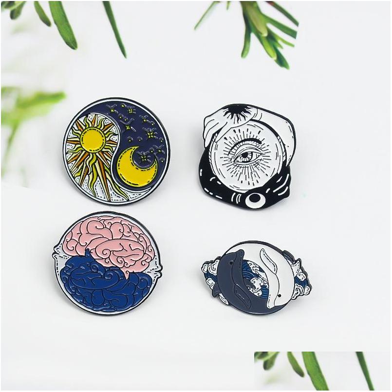 

Pins Brooches Fashion Bagua Map Creative Cartoon Brooches Set 4Pcs Sun Moon Brain Pins For Girls Enamel Paint Badges Pin Drop Deliv Dhpjo