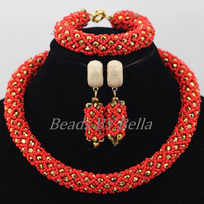 

Necklace Earrings Set Wholesale Women Christmas Gift African Beads Jewelry Red Nigerian Wedding Braid Crystal Sets ABF885, Picture shown