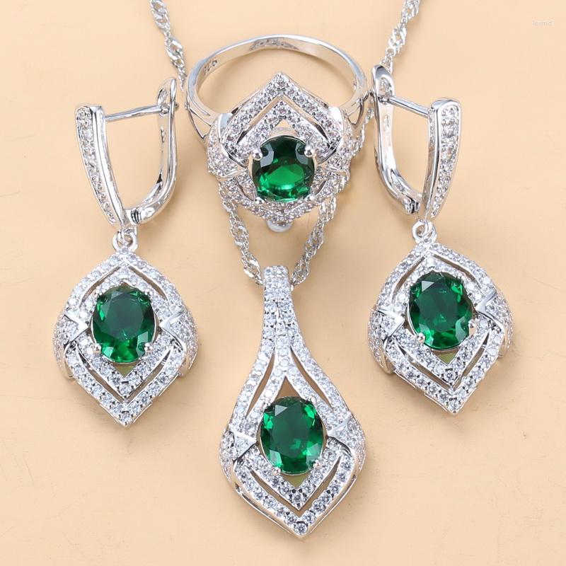 

Necklace Earrings Set 10-Color 925 Mark Elegant Women Wedding Costume With Natural Stone CZ Green Crystal And Bridal, Picture shown
