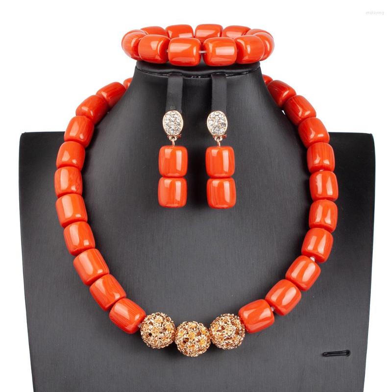 

Necklace Earrings Set Pure African Bead Wedding Jewelry Imitation Coral Women Anniversary Party Nigeria Bride Accessories, Picture shown