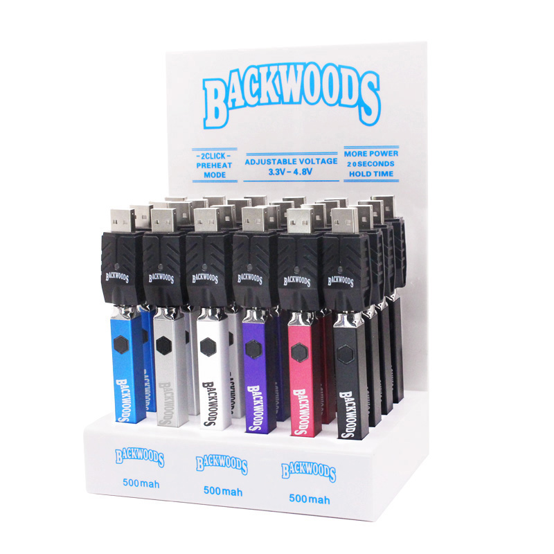 

Backwoods Kit Vape Battery Slim Pen 510 Thread Batteries VV Adjustable 500mAh Preheat for m6t th205 V9 AMIGO Oil Carts with USB Packaging