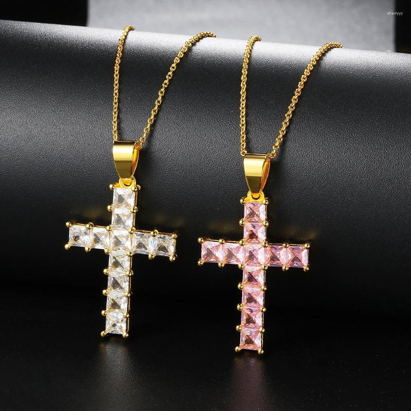 

Pendant Necklaces Christian Cross Men Necklace Hippie Jewelry Women's Neck Chain Iced Out Pendants Pink Cubic Zirconia Gold Color Choker