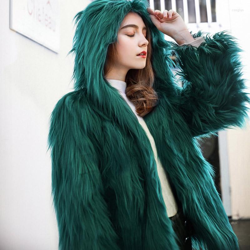

Women' Fur Faux Washed Hair Long Coat Female Winter Plush Cardigan Hooded Loose Thick Jacket, Green