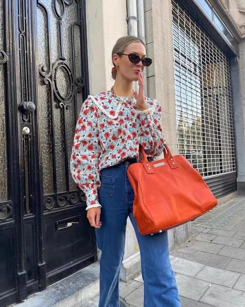 

Women' T Shirts Women' T-Shirt Doll Neck Organic Cotton Lace Long Sleeve Shirt 2 ColorsWomen, Orange