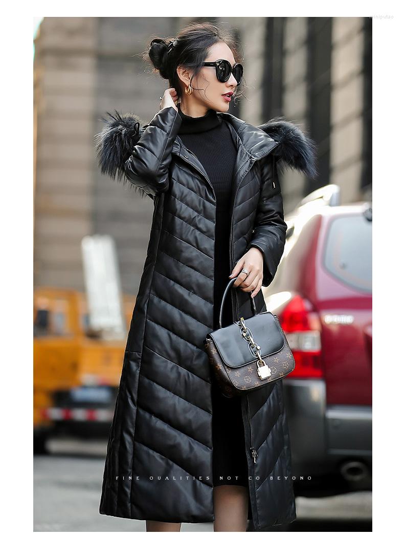 

Women's Leather Real Jacket Winter Coat Women Raccoon Fur Collar Down Long Genuine Sheepskin MY4922, Black