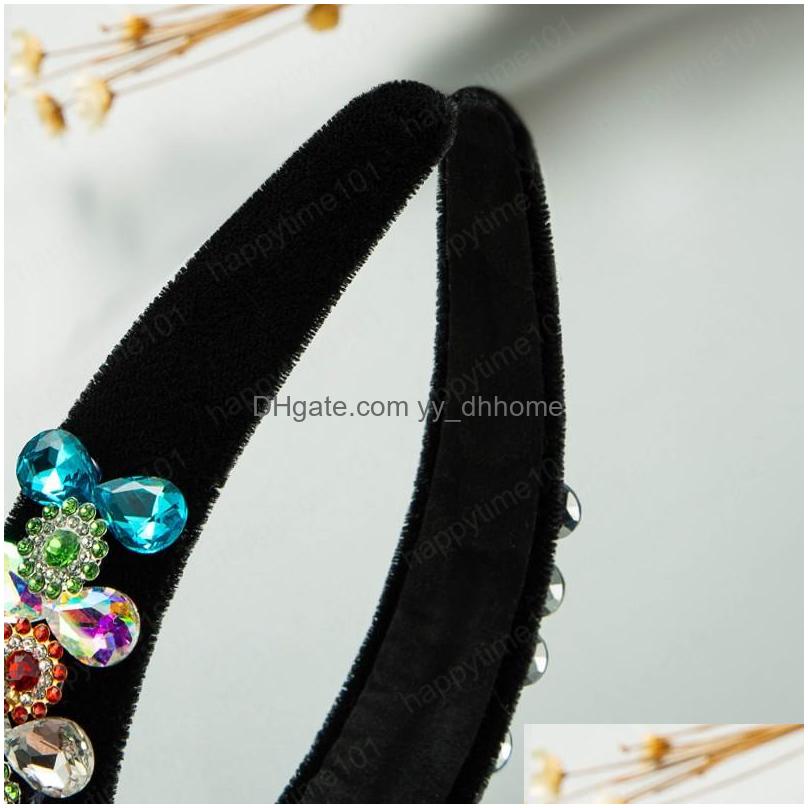 

Headbands Colorf Crystal Flower Headband Vintage Shiny Rhinestone Padded Black Veet Hairband Female Party Headpieces Drop Delivery J Dhmei