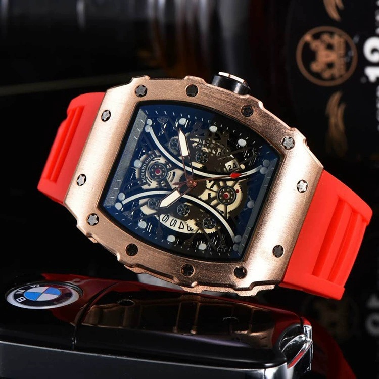 

Skeleton Designer Watch Quartz Movement Automatic Calendar Date Men Watches Luxury Fashion Mens Rubber Silicone Clock Leisure Wrist Hollow Watch lk, A1
