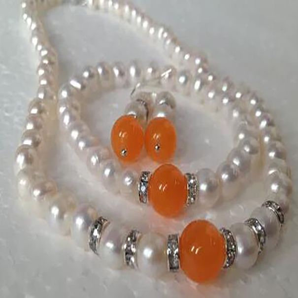 

Real White Cultured 7-8MM Pearl Orange Jade bracelets necklace earrings set