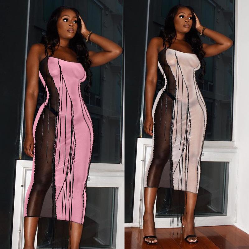 

Casual Dresses Fashion Summer Women Sleeveless Stretchy Slim Bandage Bodycon Dress Print O-Neck Maxi Long Wholesale, Black