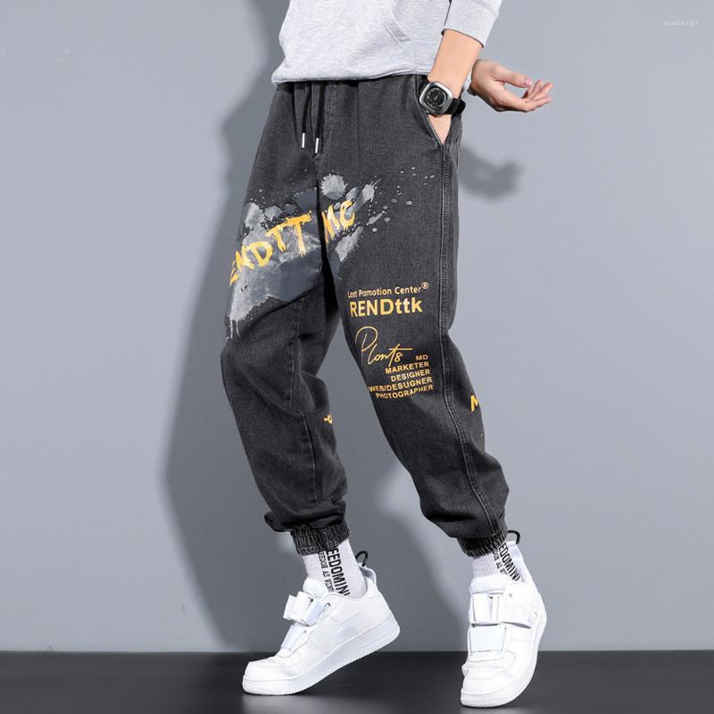 

Men' Jeans Spring Men Harlan Loose Casual Tie Foot Pants Trend Drawstring Men' English Offset Printing Trousers Youth Hip-hop Wear, Black