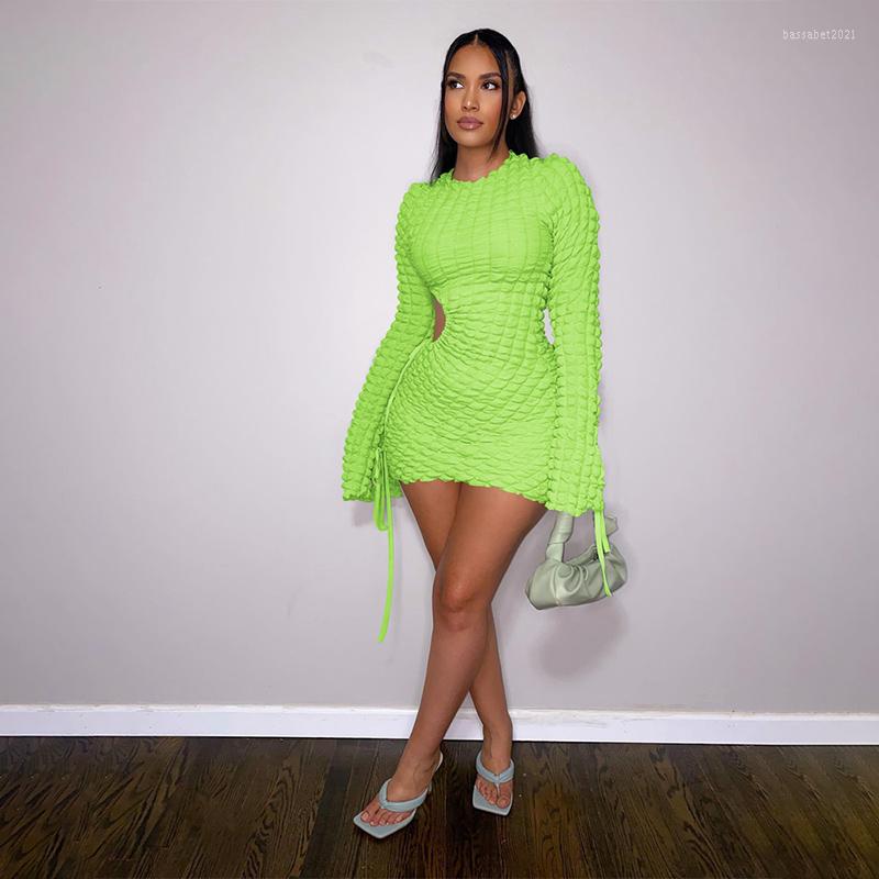 

Casual Dresses Long Flare Sleeve Stacked Dress For Women Autumn Winter O Neck Waist Hollow Out Bandage Drawstring Nightclub Party Vesti, Rose red