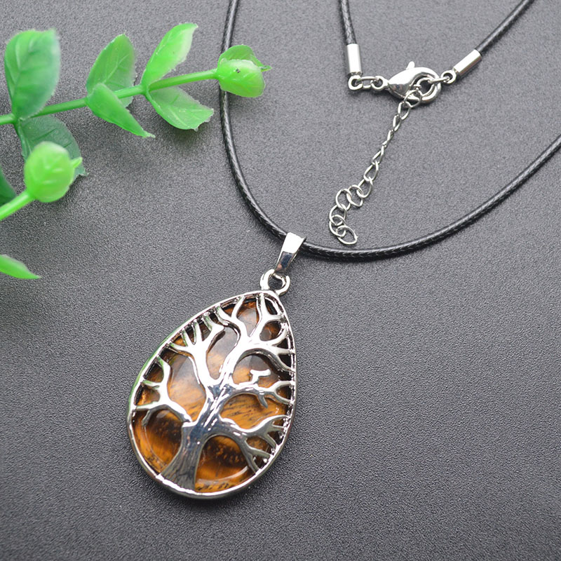

Natural Stone Quartz Tiger Eye Pendant Handmade Necklace Silver Color Tree of Life Oval Shaped Reiki Jewelry Necklace Making 10pcs
