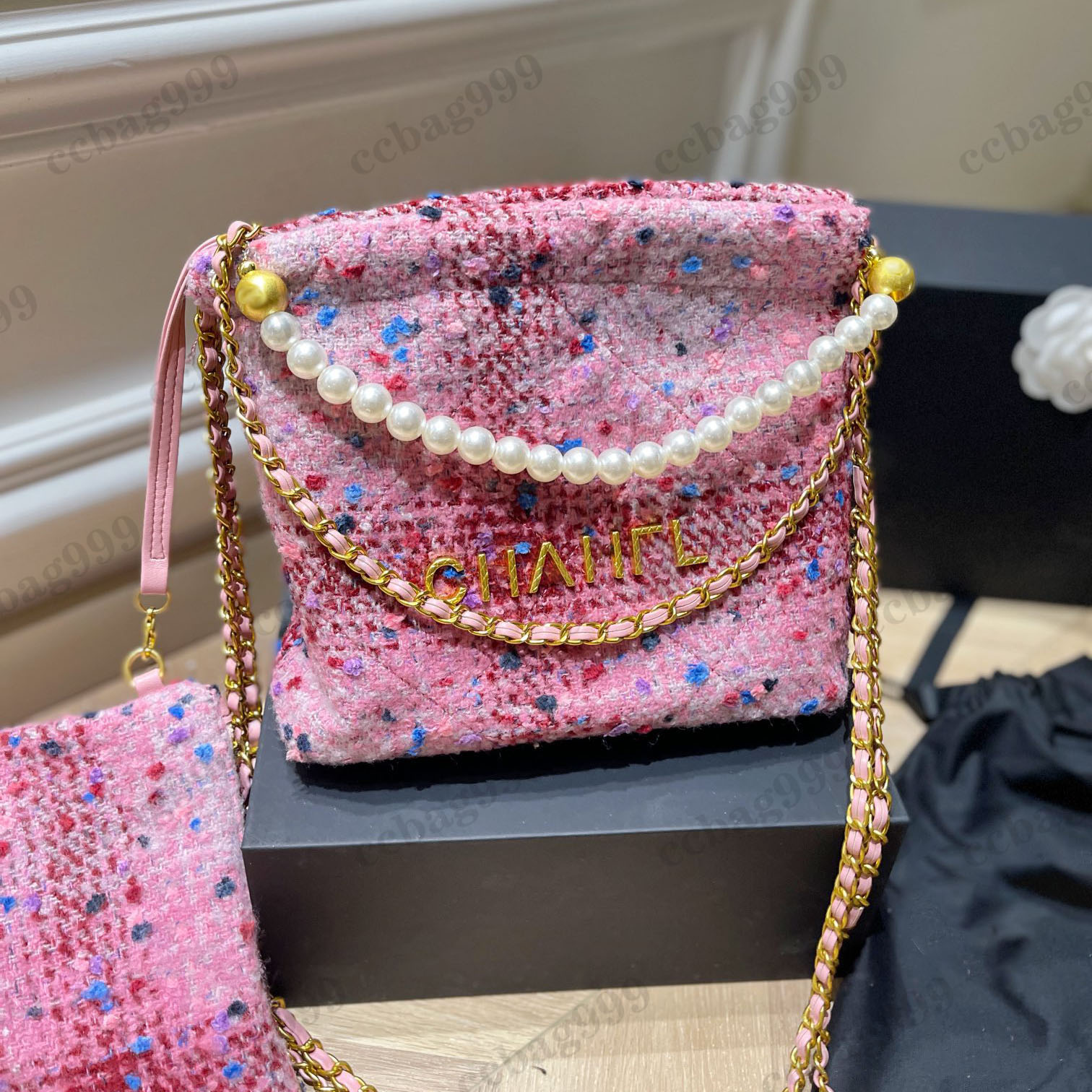 

Women Tweed Quilted 22 Shopping Bags With Bead Handle Chain Gilded Gold Letter Totes Crossbody Coins Purse Fall Winter Outdoor Large Capacity Mini Handbags 20CM, Box