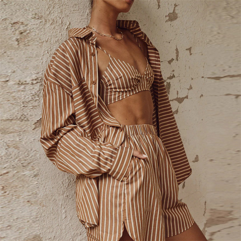 

QNPQYX Women's Tracksuit Stripe Shirt Shorts Three Piece Set Long Sleeve Top And Mini Shorts Outfit Female Summer Lady Suits, Army green