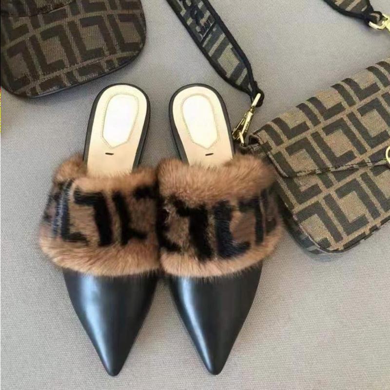 Top quality Double F motif fur flats Mules women slippers Brown FF flat Slip On closed pointed toes shoes luxury designers slides slipp Rrbk