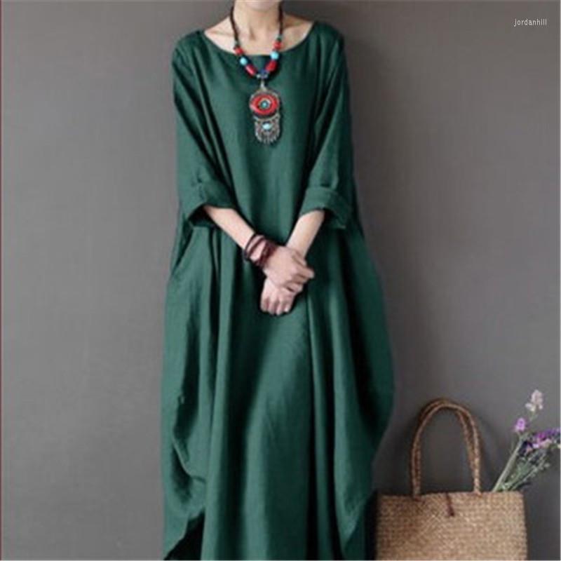

Casual Dresses Uego Solid Linen Cotton Dress M-5XL Loose Women Long Sleeve Autumn Female Spring Maxi, Black