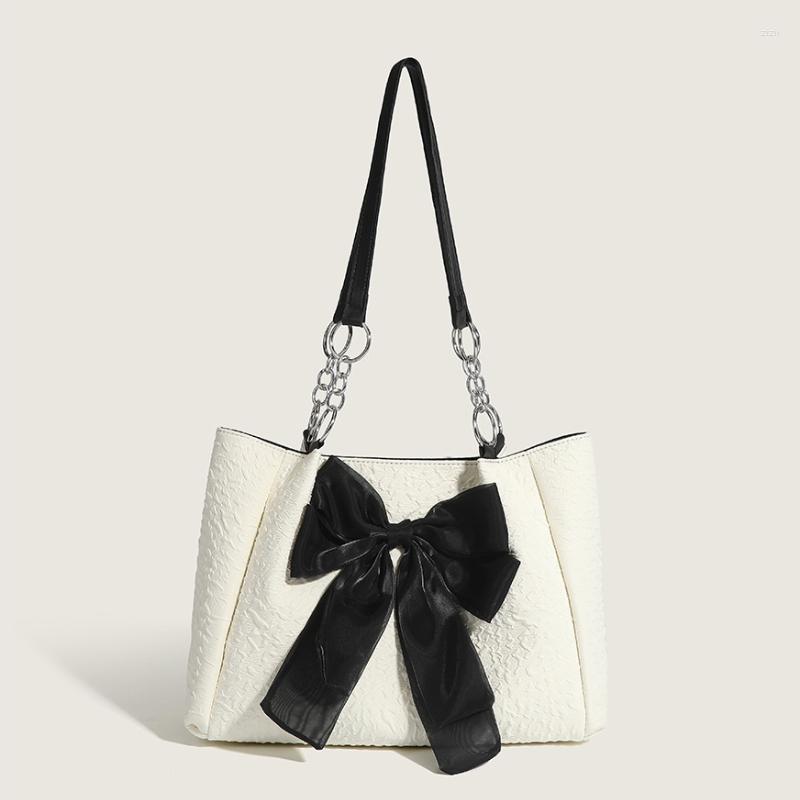

Evening Bags Simple Tote Bag For Women 2022 Fashion Solid Color Shoulder With Bow Girl Metal Ring Pleated Large Capacity Designer Handbag, White