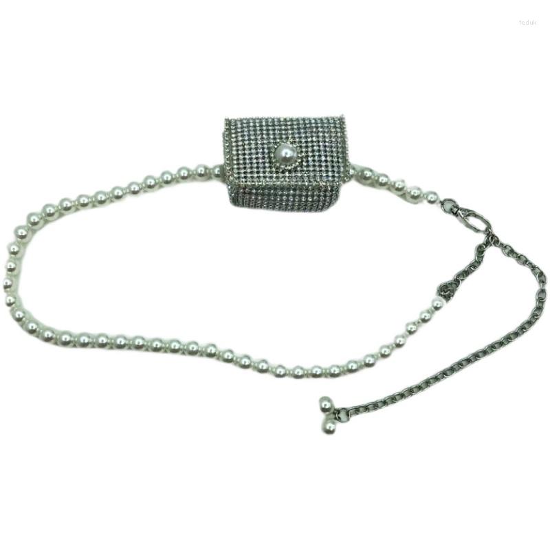 

Waist Bags Pearl Chain Adjustable Belt With Mini Bag Women Full Rhinestone Flap Handbag Coin Cash Key Chest, As photo