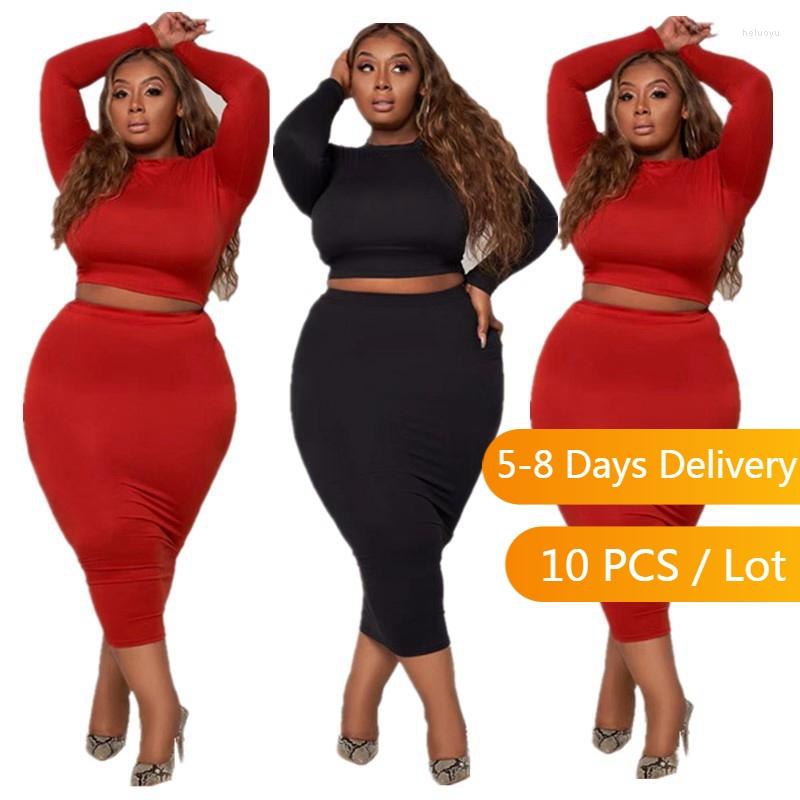 

Work Dresses Wholesale Items Autumn Fashion Two Piece Set Women Streetwear Knited Casual Outfits Solid Long Sleeve Crop Top Midi Skirt, Black