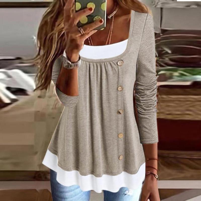 

Women's Blouses Autumn Blouse Women Scoop Neck Long Sleeves Buttons Decor T-shirt Top Spring Patchwork Color Pullover Streetwear, Blue