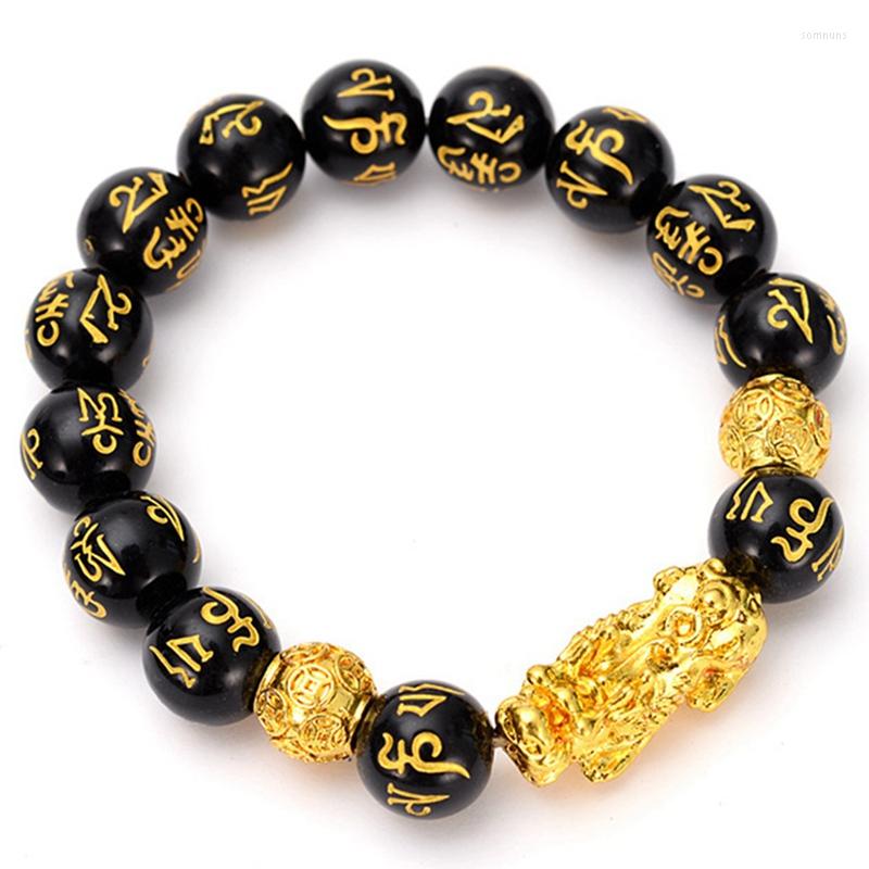 

Strand Retro Golden Pixiu Obsidian Charms Bracelet Black Beads Alloy Wealth Charm Handmade Lucky Amulet Gift