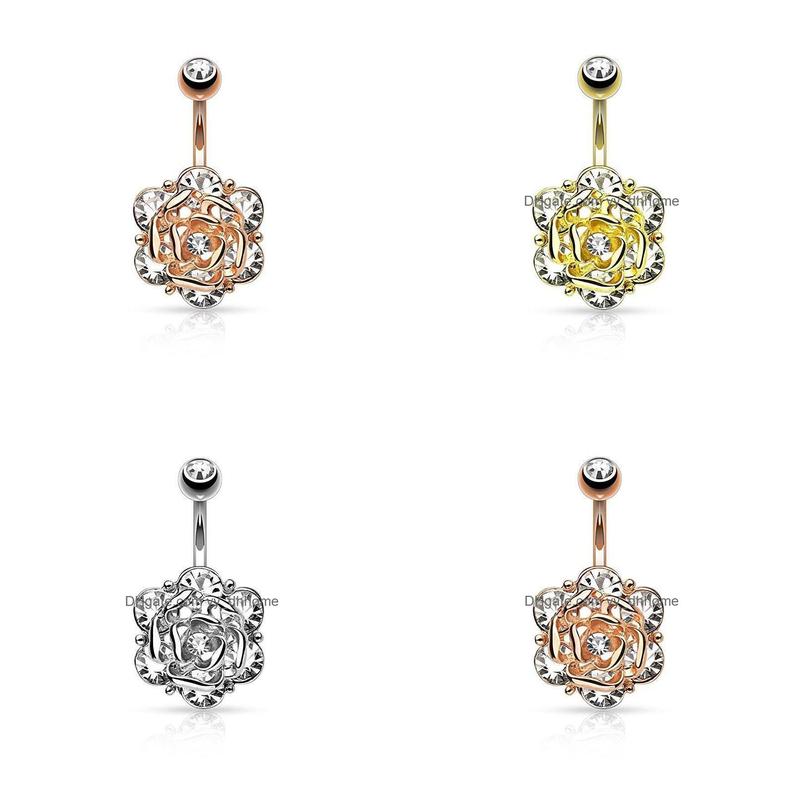

Navel Bell Button Rings Rose Flower Navel Rings Belly Button Crystal 316L Stainless Steel Piercing Body Jewelry Drop Delivery Dhe4D