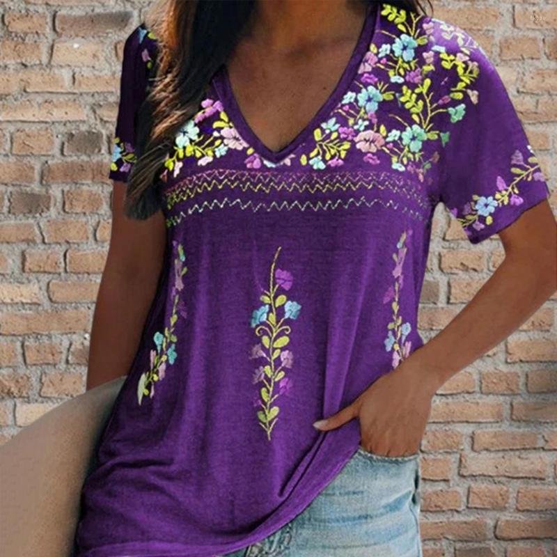 

Women's Blouses Women T-shirt V-neck Short Sleeve Ethnic Style Bohemia Flower Print Retro Loose Fit Tee Shirt Female Clothing Streetwear, Green