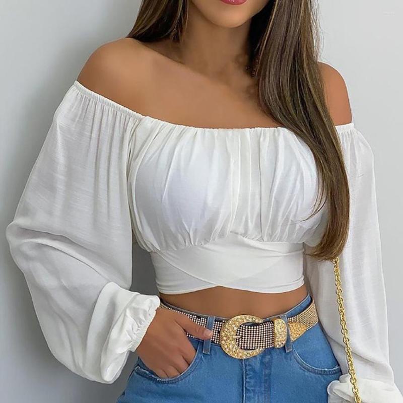 

Women' Blouses Elegant Lady Top Sexy Flower Print Cross Strap Exposed Women Blouse Off Shoulder Lantern Long Sleeve Pullover Club Wear, Blue