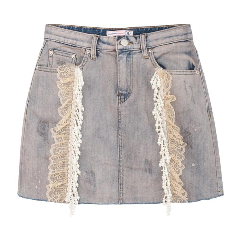 

Skirts Summer Casual Lady Womens Lace Patchwork Beading Pearls Denim Skirt Vintage Korea Women Female Tassel Jeans For, Picture shown