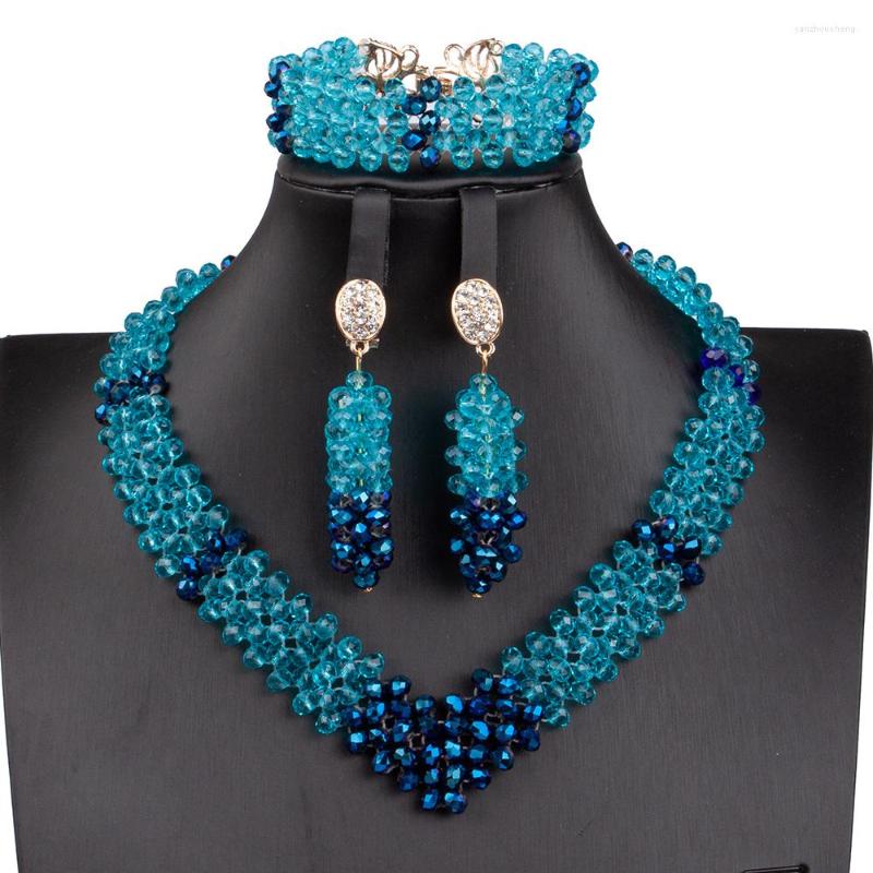 

Necklace Earrings Set Sky Blue Crystal Beads African Wedding Trendy Nigerian Party V-Type Sets ABG159, Picture shown