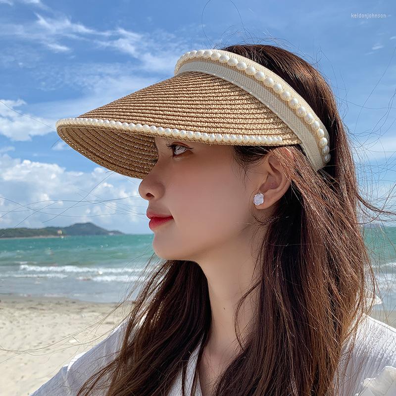 

Wide Brim Hats WeMe Women's Hat Visors Paper With Pearl For Summer And Autumn, Beige
