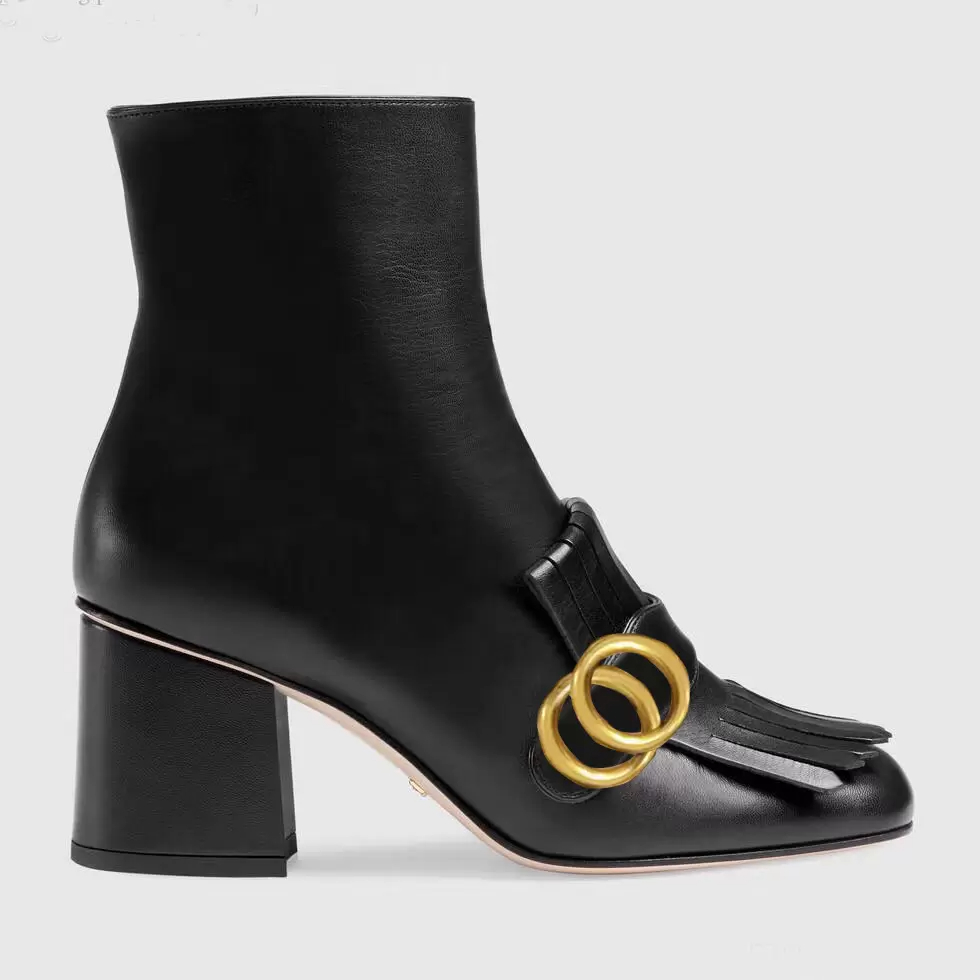 

Dress Shoes High heeled boots designer Soft cowhide Autumn winter Coarse heel women shoes real leather zipper Fashion Metal buckle lady Heels 6cm Large size 35-42, Black+ bee