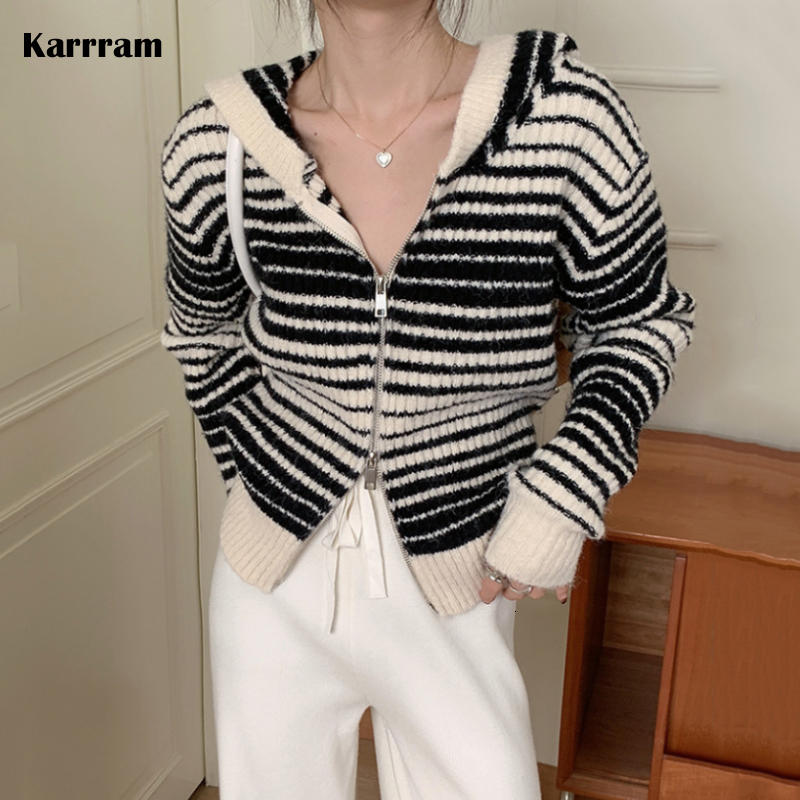 

Women  Knits Tees Karrram Vintage Stripe Hoodes Cardigans Double Zipper Women Chic Knitwear Autumn Ladies Cashmere Jacket Elegant Sweater Korean 221125