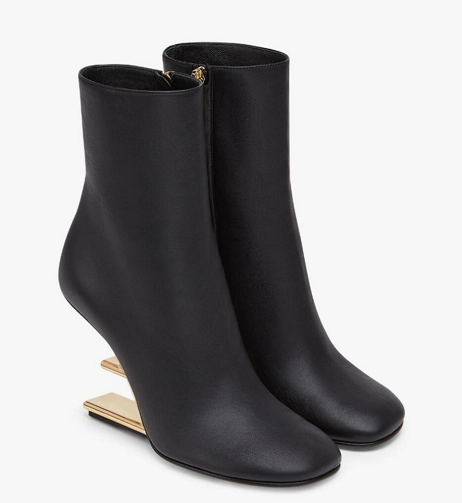 

Famous Winter First Women Ankle Boots Nude Black Nappa Leather F-shaped Heels Rounded Toe Boot Gold-colored Metal Lady Booties EU35-43 Box