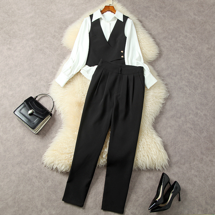 

Two Piece Pants European and American women's clothing for autumn/Winter 2022 Long sleeve shirt Ma3 jia3 Cropped trousers Fashion suit, Black