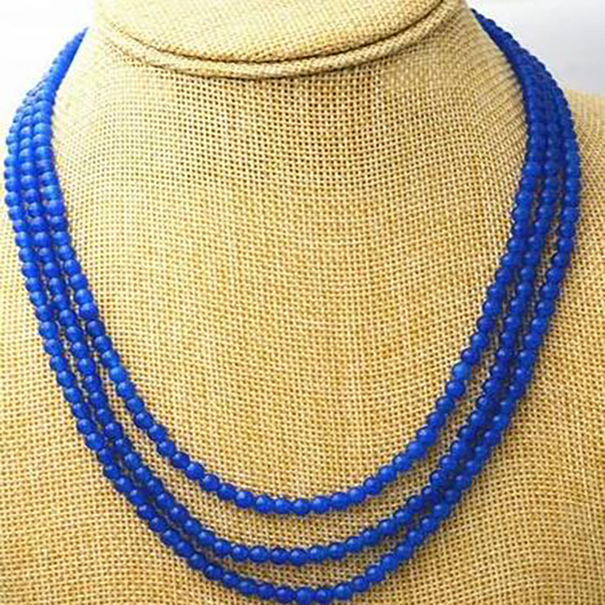 

new Fashion Jewellery 3 rows 4 mm blue sapphire bead necklace 17-19 "