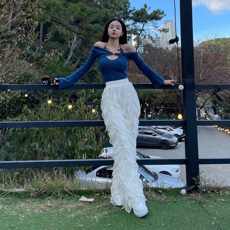 

Women' Pants Women' & Capris Korea Fashion 2022 Spring Women High Wide Solid Color Elastic Waist Leg Cascading Ruffles Casual, Black