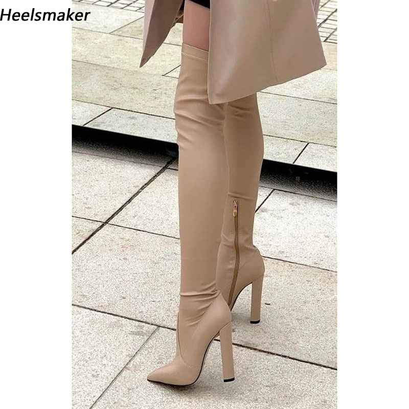 

Heelsmaker New Women Spring Stretch Thigh Boots Sexy Stiletto Heels Pointed Toe Nude Banquet Party Shoes Ladies US Size 5-15, White