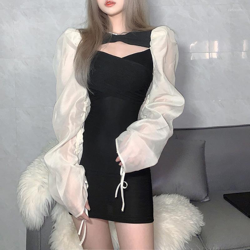 

Casual Dresses Women Sexy Dress Long Puff Drawstring Sleeve Contrast Color Crew Neck Cutouts Hip Ladies Party/Bar Tight Mini, Black