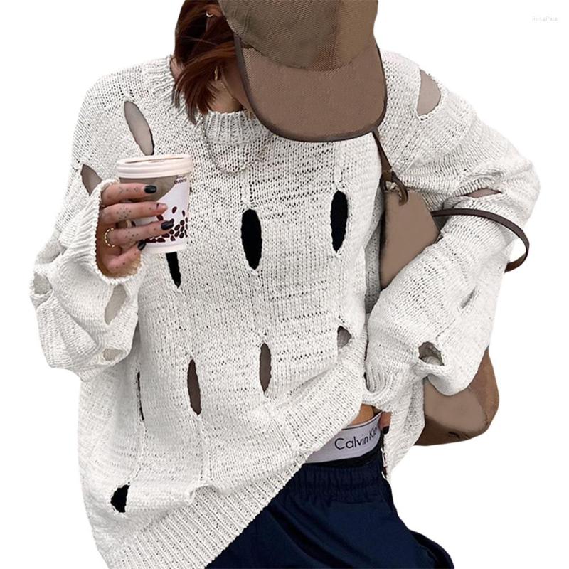 

Women' Sweaters 2022 Casual Baggy Long Sleeve Hollow Out Personality Hole Soild Color Round Neck Warm Pullover Knitted Sweater Women, Beige