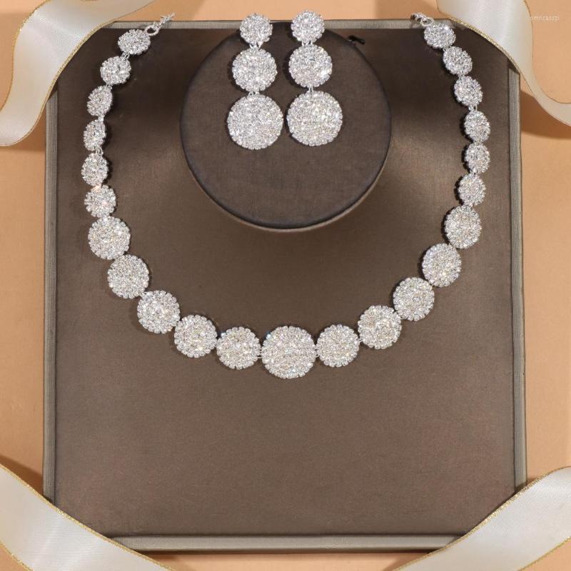 

Necklace Earrings Set Luxury Rhinestone Crysatal Big Small Round Flower Shape Pendant Choker Wedding Bridal Jewelry For Women, Picture shown