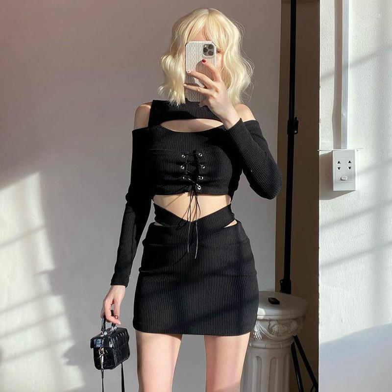 

Women' T Shirts Women T-shirts Hollow Out Off The Shoulder Slim Fit Knitted Crop Tops Long Sleeved T-shirt & Cross High Waist And Hip, Black skirt