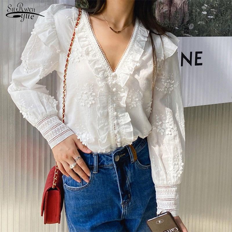 

Women' Blouses & Shirts Elegant White Sweet Black Top French Style V Neck Embroidered Ruffles Women Fashion Long Sleeve Blouse 18340